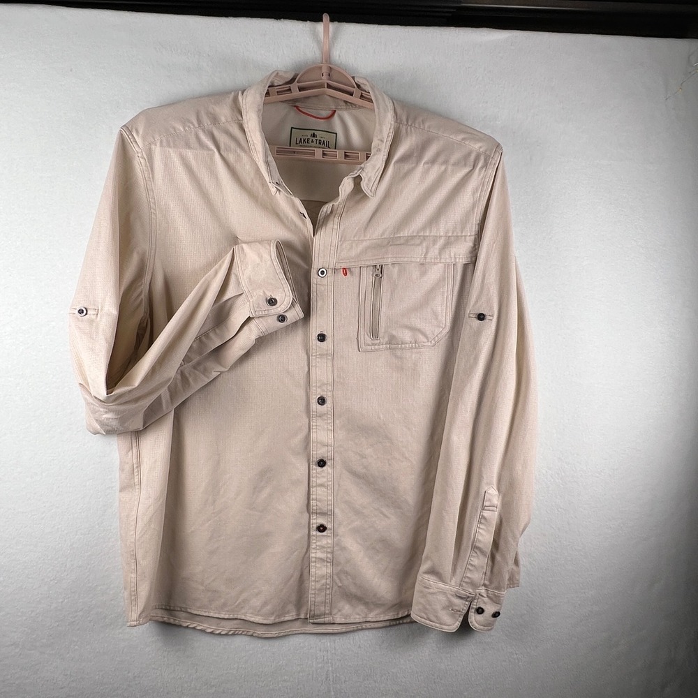 Lake & Trail Mens XL Tan Recycled Polyester‎ Outdoor Performance Fishing Shirt